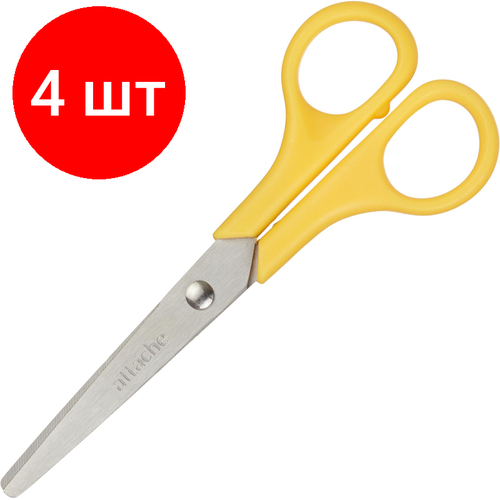 Комплект 4 штук, Ножницы Attache 130 мм с пластиковыми ручками, цвет желтый