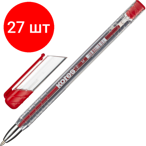Комплект 27 штук, Ручка шариковая неавтомат. KORES К11 неавт M(1мм) масляная, красная