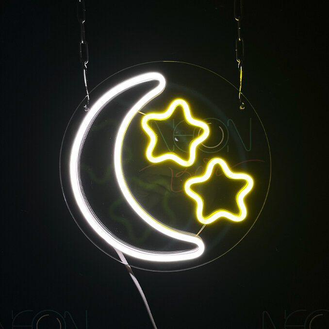 Неоновый светильник / Неоновая светодиодная вывеска на стену / Настенная неоновая лампа "Полумесяц со звёздами", 25 х 25 см. (Луна) с диммером