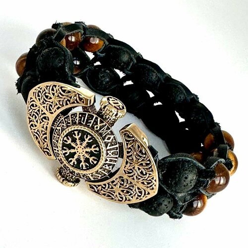 фото Славянский оберег, плетеный браслет josstone, вулканическая лава, кожа, тигровый глаз, 1 шт., размер 19 см, золотой, черный