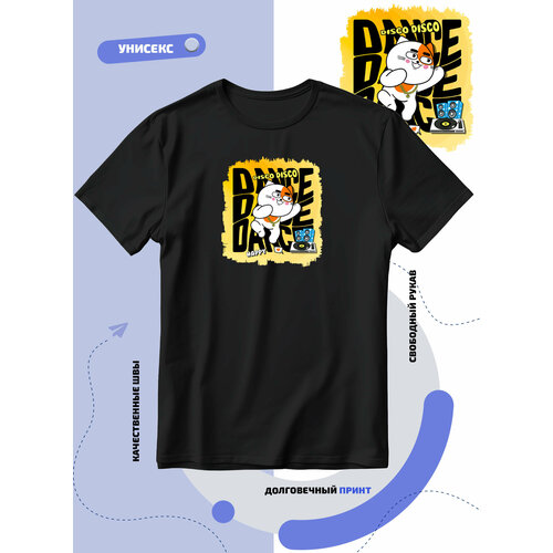 фото Футболка танцующий белый кот с улыбкой dance disco, размер 3xs, черный smail-p