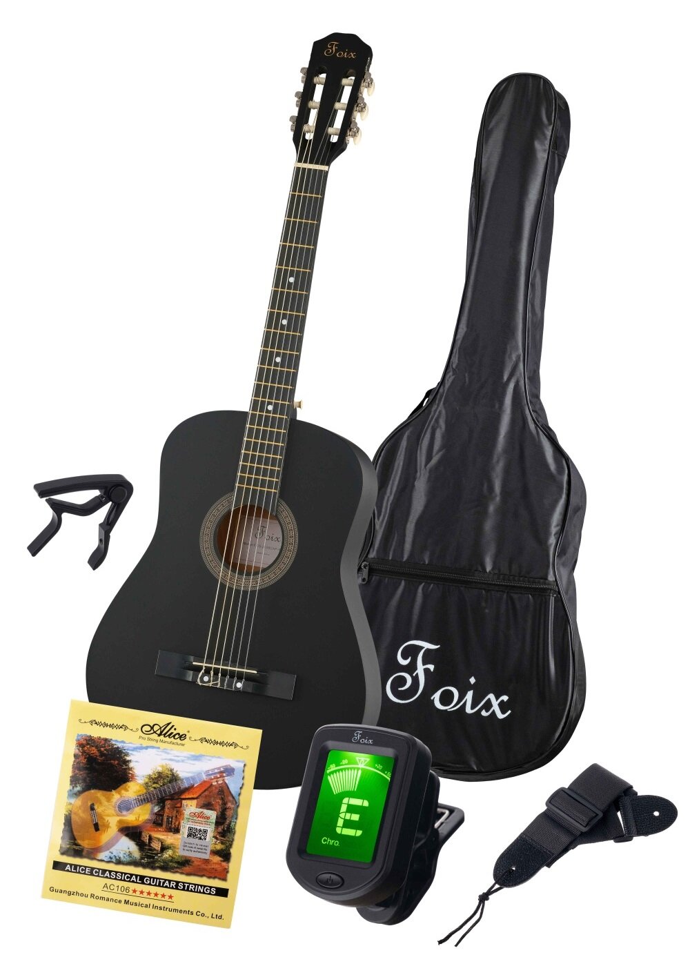 Foix FCG-2038CAP-BK-MAT Классическая гитара с чехлом, ремнем, тюнером, черная матовая