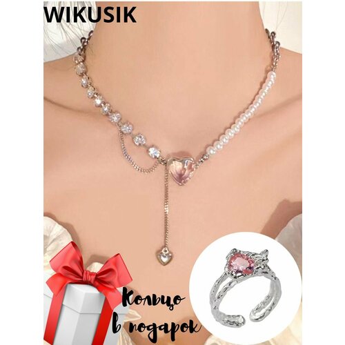 Колье, длина 51 см, розовый, серебряный женское ожерелье с искусственным жемчугом и эмалью