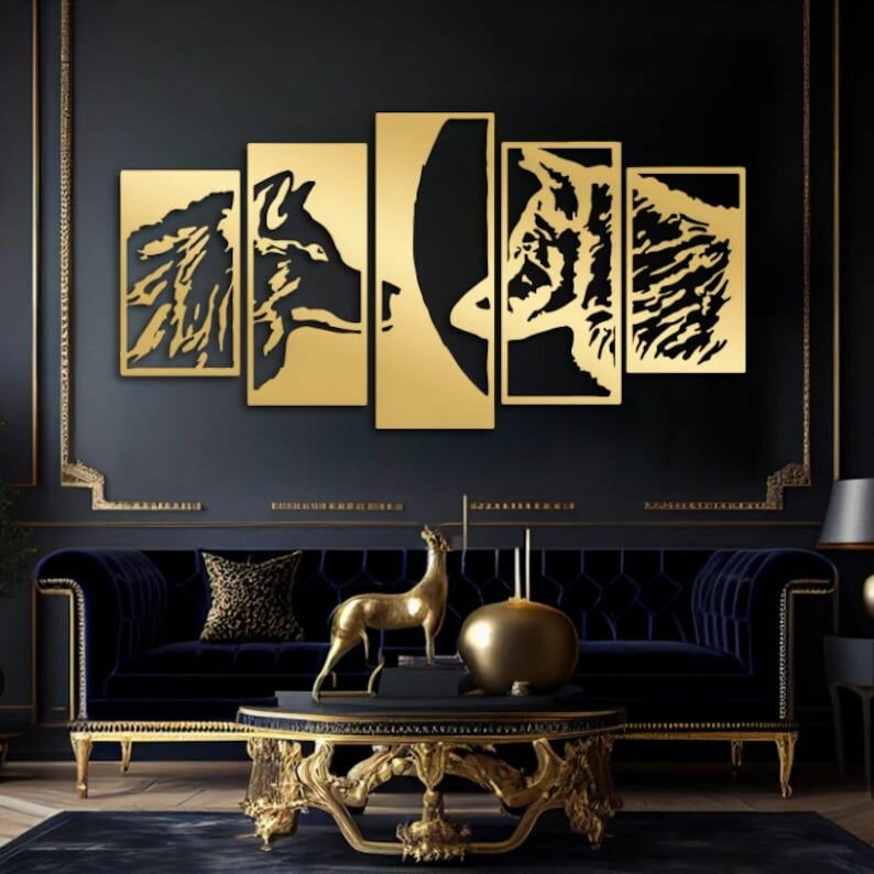 Чертеж, декоративное панно, Волки, набор из 5 элементов декора (матовое золото), DXF для ЧПУ станка