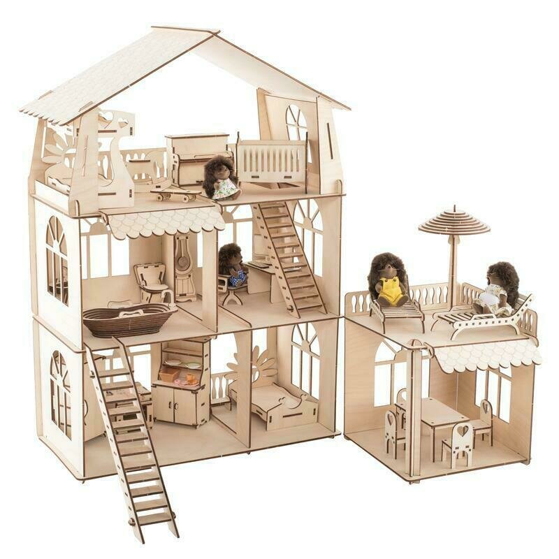 Конструктор-кукольный домик ХэппиДом Коттедж с пристройкой и мебелью Premium (HK-D011)
