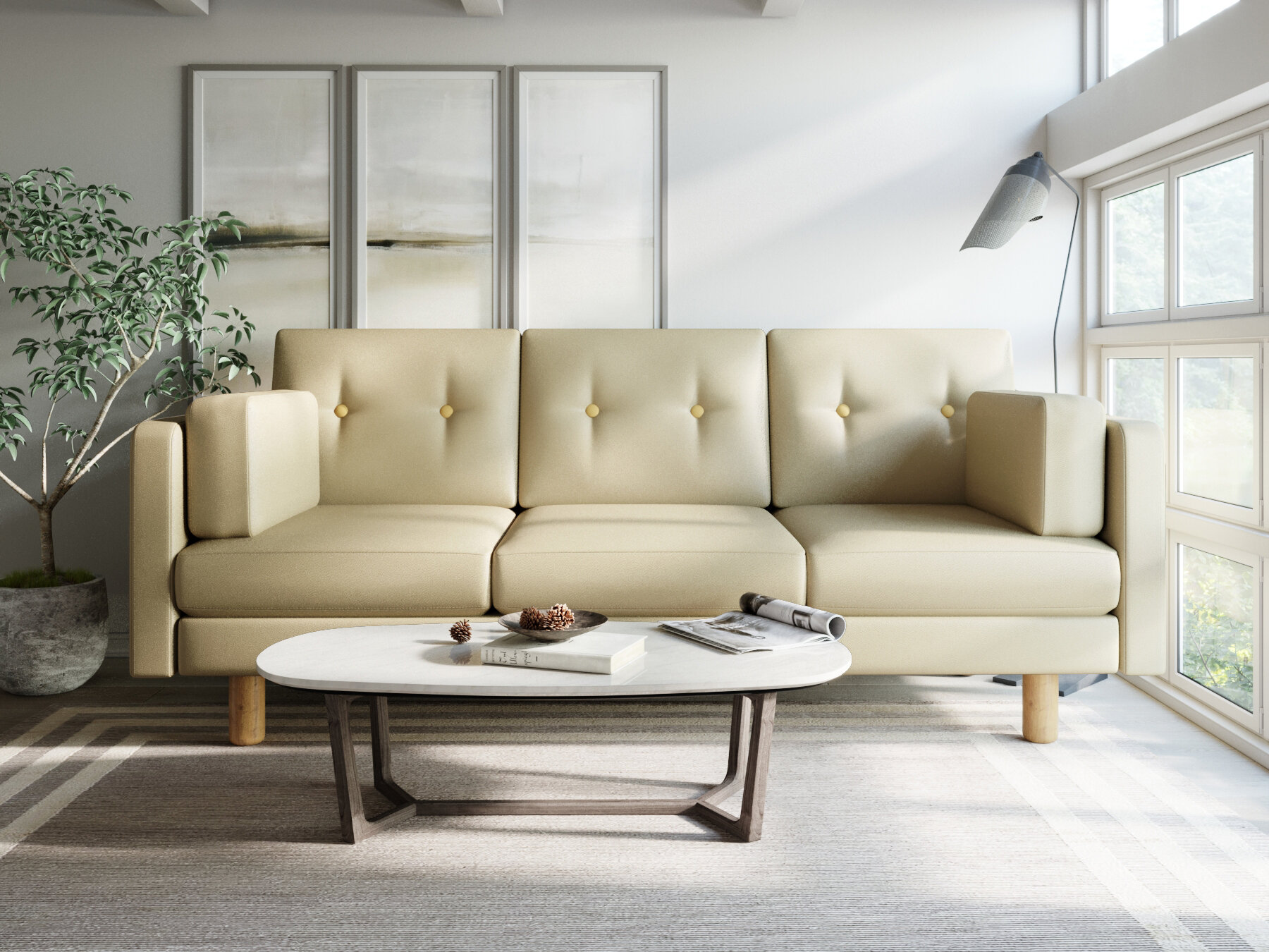 Диван прямой Arsko Ингвар-Б, белый, экокожа, трехместный, офисный, в салон красоты, на ножках, скандинавский лофт — фото 1