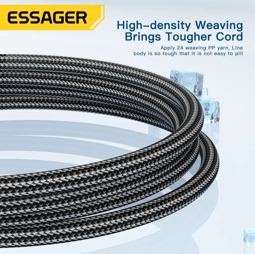 Кабель Essager USB - Type-C, PD 100W, 7 Aмпер, 3 метра, индикатор, быстрая зарядка для Huawei, Xiaomi, Samsung, Oppo