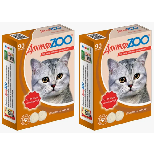 Мультивитаминное лакомство для кошек Доктор ZOO со вкусом копченостей, 90 шт, 2 уп