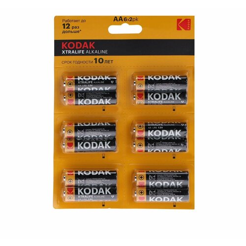 Батарейка алкалиновая Kodak Xtralife, AA, LR6-12BL, 1.5В, блистер, 12 шт. батарейка алкалиновая kodak xtralife aa lr6 12bl 1 5в блистер 12 шт