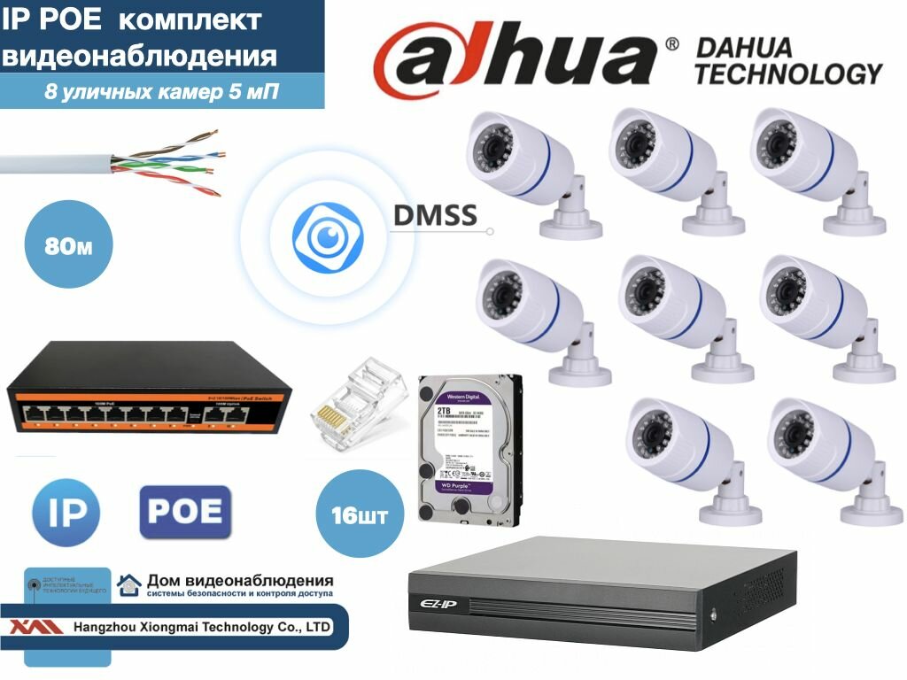 Полный готовый DAHUA комплект видеонаблюдения на 8 камер 5мП (KITD8IP100W5MP_HDD2Tb)