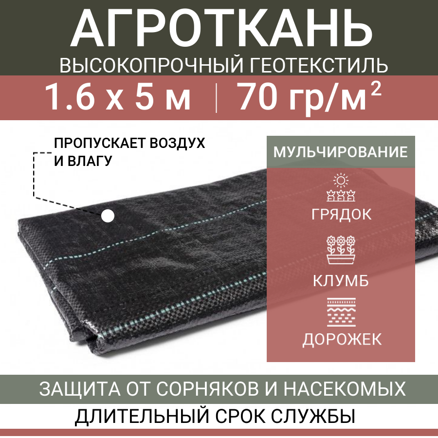 Агроткань от сорняков застилочная 1.6х5 м, агроволокно 70 г/м2 для мульчирования растений клубники садовой рассады, черный укрывной материал на зиму