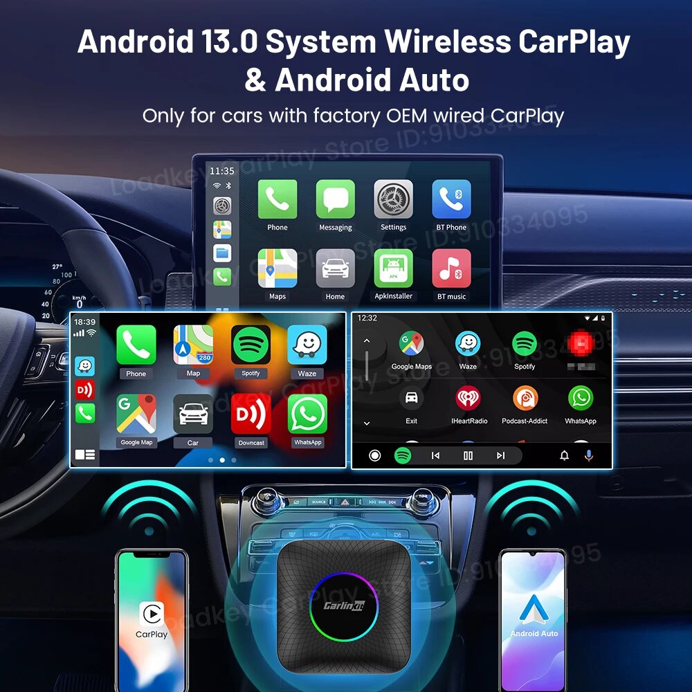 Carlinkit Android Auto Wireless Carplay Android 13 Ai Box QCM6225 8-ядерный разделенный экран 128G Smart TV Box для Netflix Youtube GPS, Android 13 EAU, 4GB 64GB — фото 1