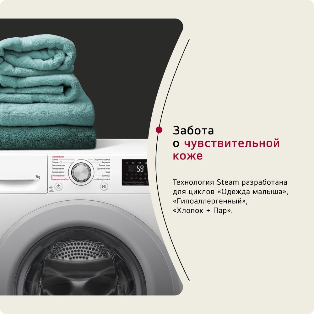 Узкая стиральная машина LG F2M5HS4WP 7 кг, с функцией пара, 6 вариантами вращения барабана, инверторным мотором с прямым приводом и 14 автоматическими программами, белая / серебристая — фото 1