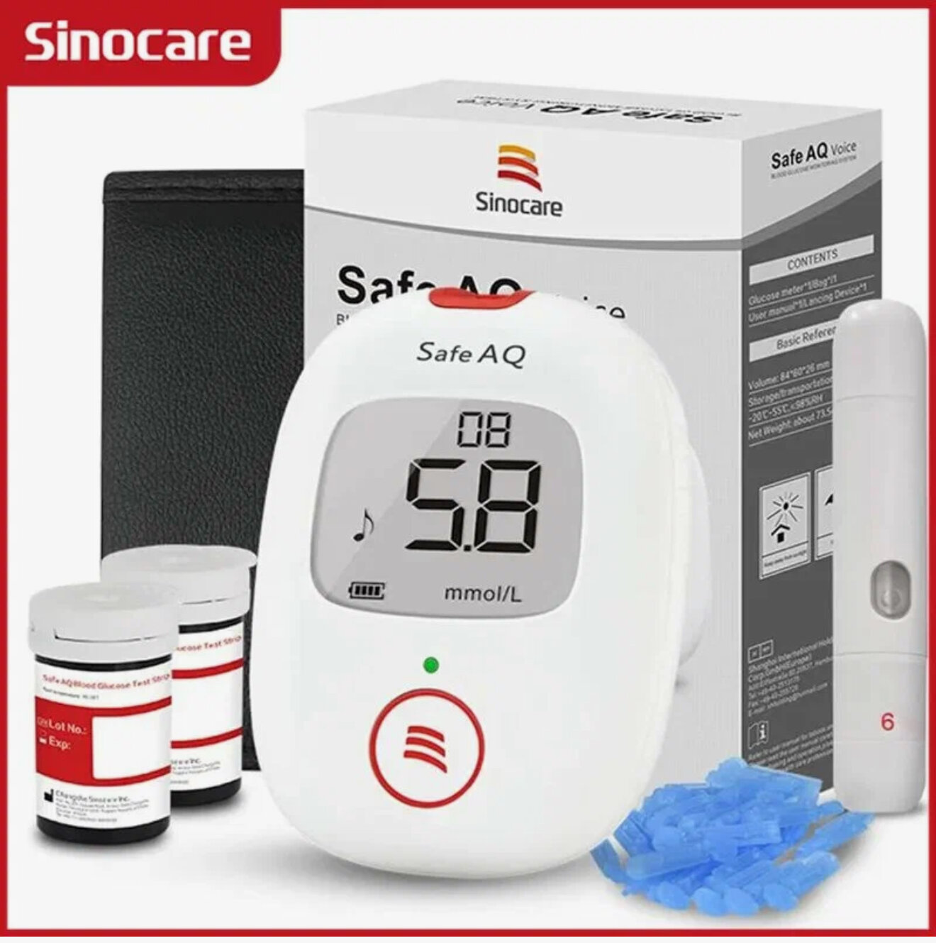 Глюкометр Sinocare safe-AQ smart, ручка для прокалывания + 100 игл (ланцет)