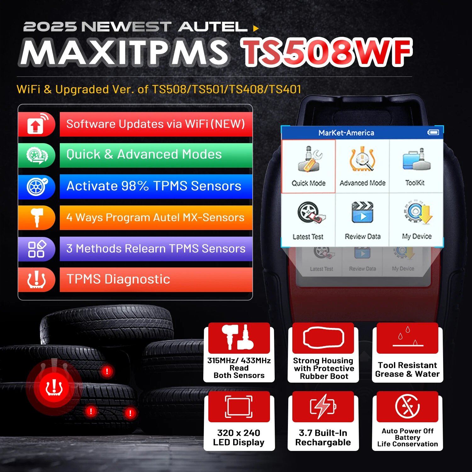 Autel MaxiTPMS TS508 TS508WF Инструмент для освобождения TPMS Активация/выпуск всех датчиков, сброс TPMS, чтение/прозрачные DTCs Программа MX-сенсора, TS508WF, Русский — фото 1