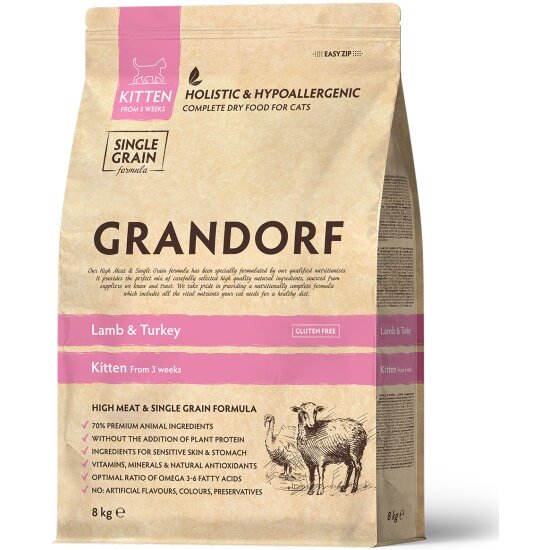 Корм сухой Grandorf ягненок с индейкой для котят, 8 кг