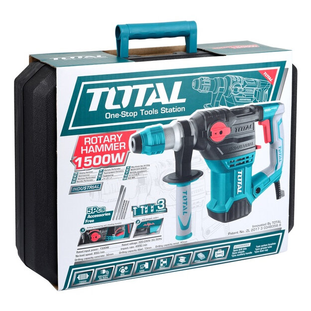Перфоратор TOTAL TH1153216, 1500Вт, SDS-Plus, кейс, реверс, 7,5 кг — фото 1