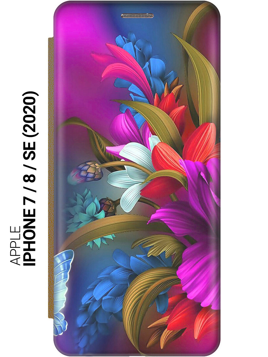 Чехол-книжка на Apple iPhone SE (2022) / SE (2020) / 8 / 7 / Эпл Айфон СЕ 2022 / СЕ 2020 / 8 / 7 с рисунком "Фантастические цветы" золотистый