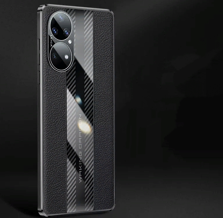 фото Роскошный чехол MyPads задняя панель из качественного силикона с дизайном под кожу и карбоновой вставкой для Huawei P50 Pro черный