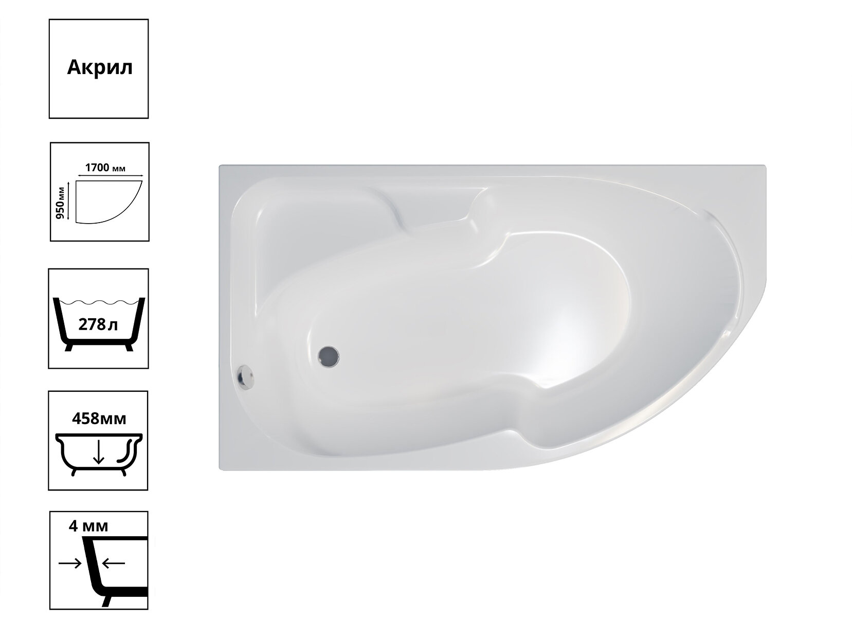 Ванна София левая 170*95 + каркас + экран (170*95)