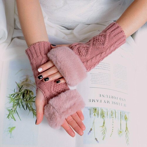 женские перчатки без пальцев зимние и осенние теплые варежки вязаные теплые рукава повседневные мягкие перчатки унисекс без пальцев Митенки , размер ONE SIZE, розовый