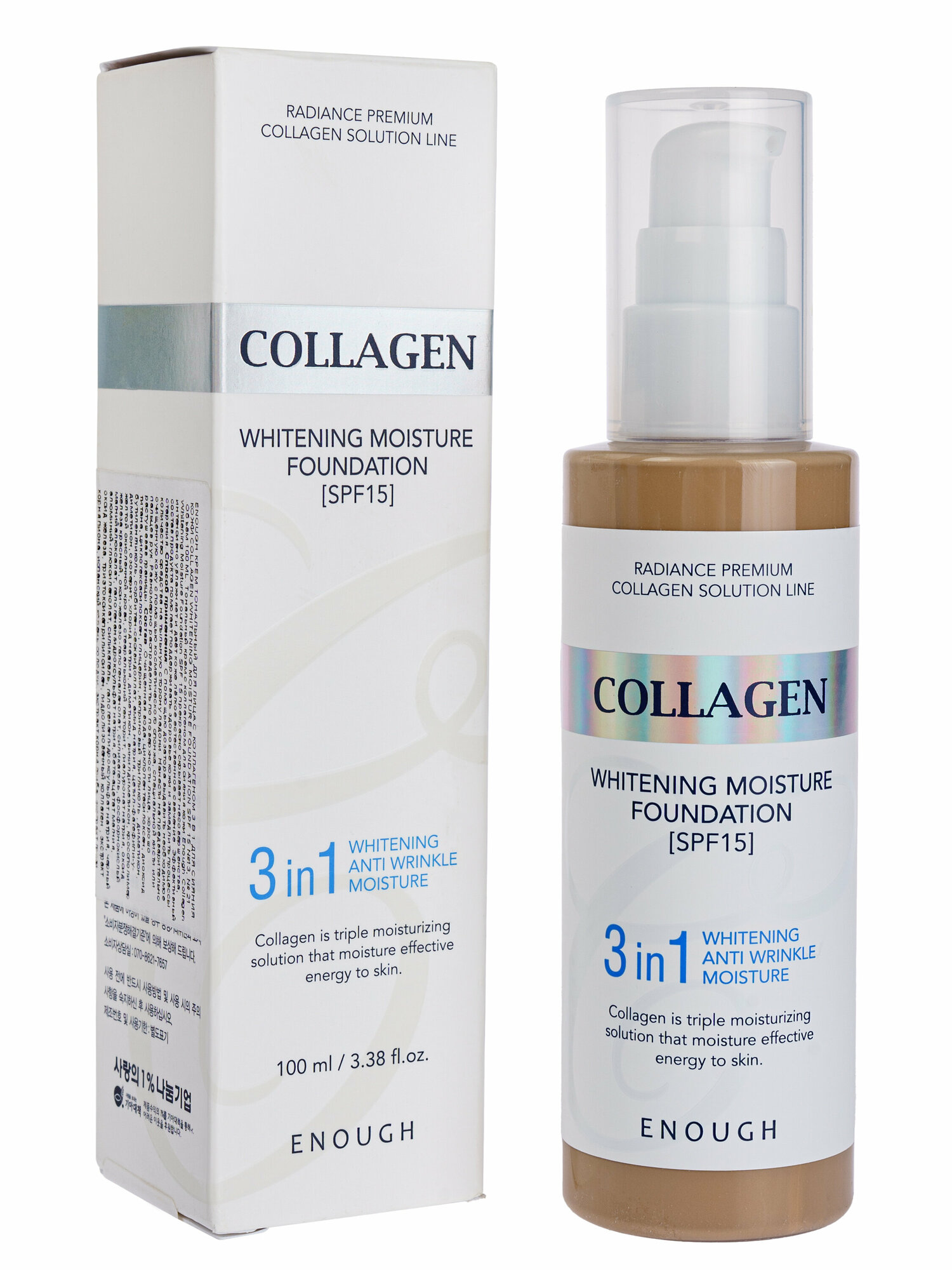 ENOUGH Тональный крем для лица с коллагеном, с ниацинамидом Collagen 3in1 Whitening Moisture Foundation SPF15, тон 21