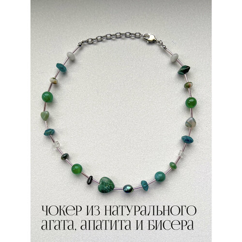 фото Колье на шею из агата, жемчуга, апатита / чокер зеленый double choker please