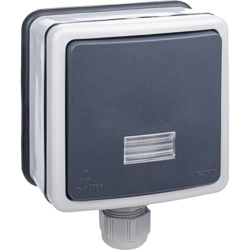 Plexo 090460 Переключатель однополюсный проходной (10 А, IP66, подсветка, в сборе, открытая установка, серый) Legrand - фото №4
