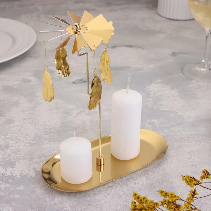 Подсвечник "Карусель с перьями", золотая, металл, 8,5 х 18 см