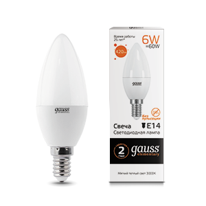 Лампа Gauss Elementary Свеча 6W 420lm 3000K Е14 LED 220V