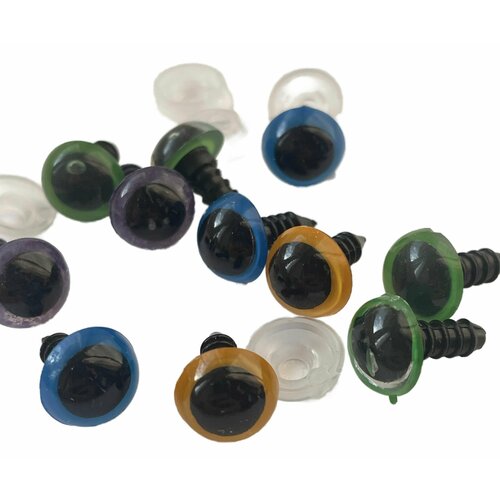 Глазки для игрушек, глаза винтовые с заглушками, диаметр 8мм, длина 12 мм. разноцветные 16 штук, 8 пар.