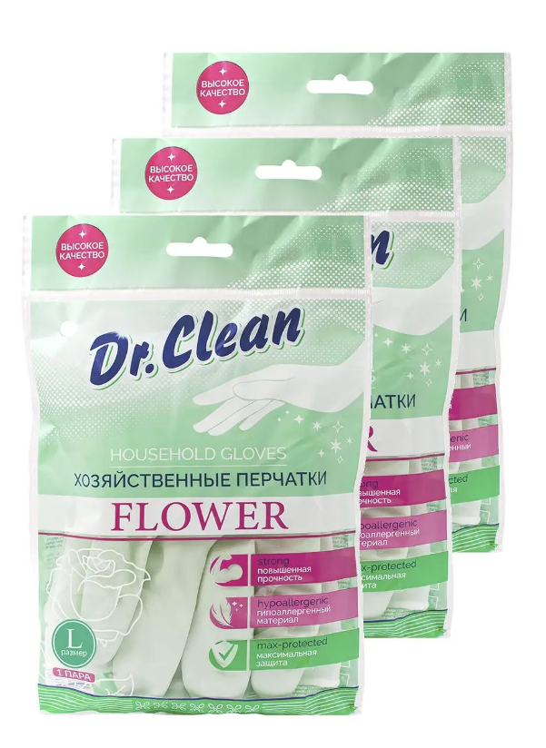 Перчатки хозяйственные поливиниловые Dr. Clean, Размер L, 3 шт