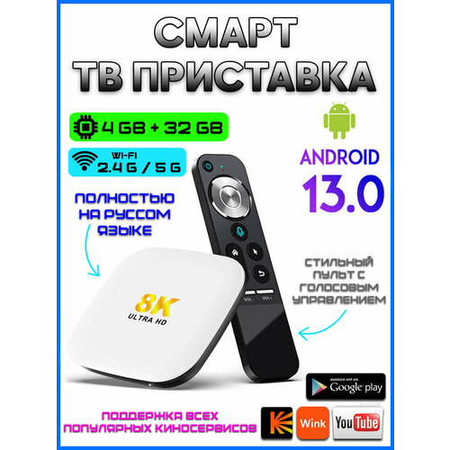 Смарт ТВ приставка с поддержкой 8К Android TV Wi-Fi Bluetooth и Miracast 5250₽