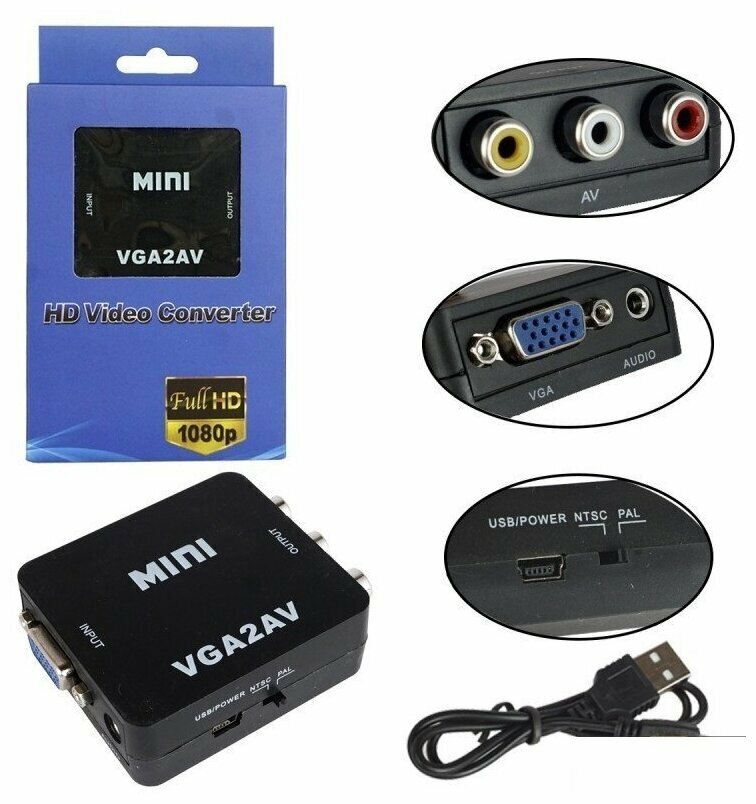 Переходник VGA2AV Mini 1080p (конвертер) черный