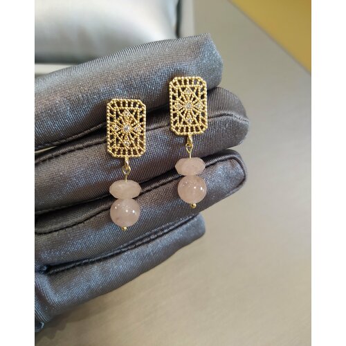 Серьги пусеты CoolStone COOLSTONE Серьги HELLO DEAR дизайнерские премиум с натуральным Морганитом и Цирконами в позолоте, ручная работа, морганит, размер 35 мм, розовый, пыльная роза