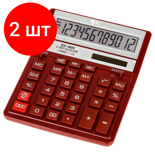 Комплект 2 шт, Калькулятор настольный Eleven SDC-888X-RD, 12 разрядов, двойное питание, 158*203*31мм, красный