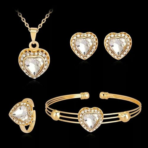 Комплект бижутерии Комплект украшений с браслетом сердечко прозрачный камень, стекло, искусственный камень, золотой