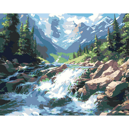 картина по номерам природа пейзаж с лесным ручьем и горами Картина по номерам Природа пейзаж с ручьем у леса в горах