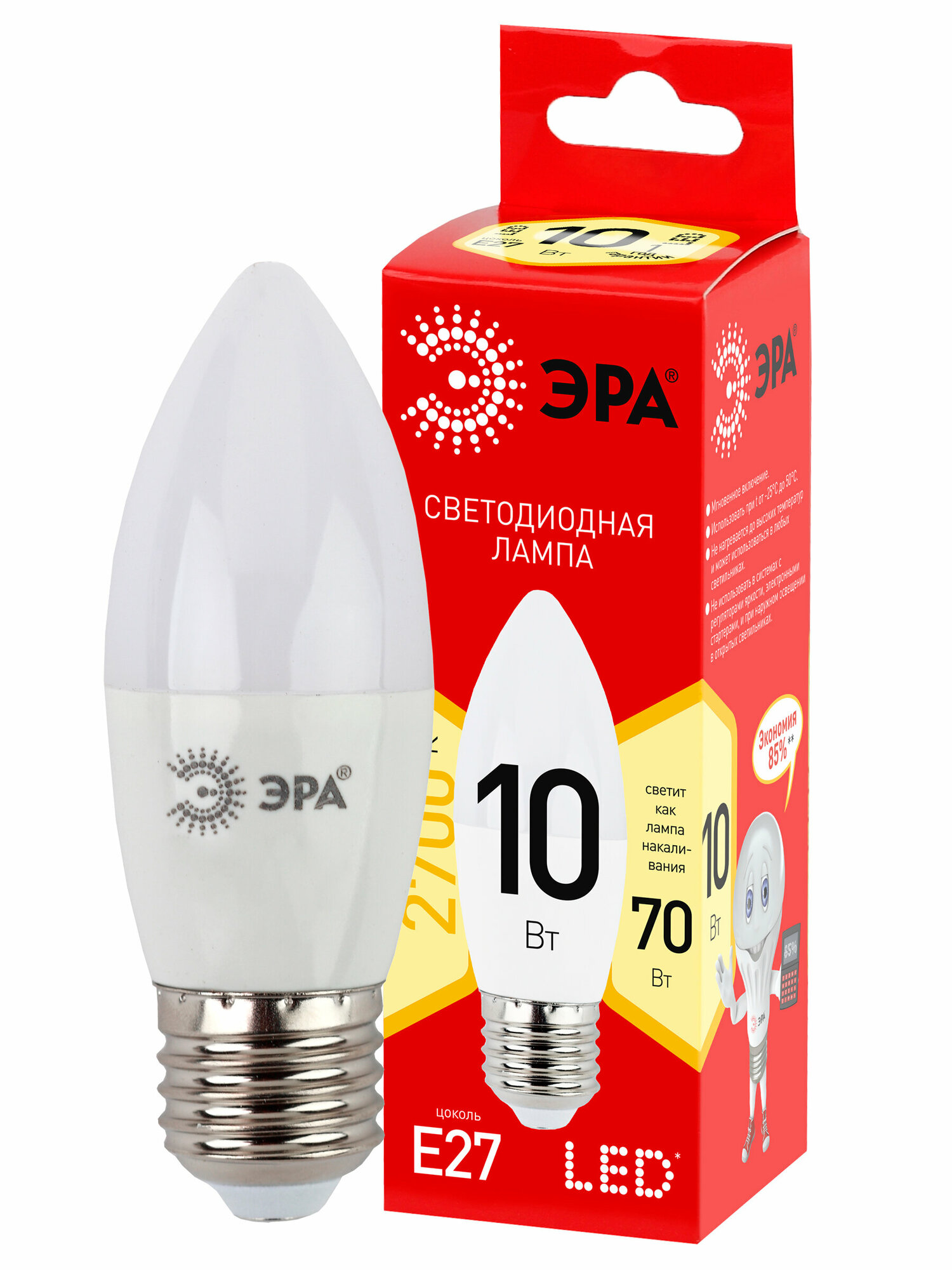 Лампочка светодиодная ЭРА LED B35-10W-827-E27 R 2700K свеча 10 Вт — фото 1