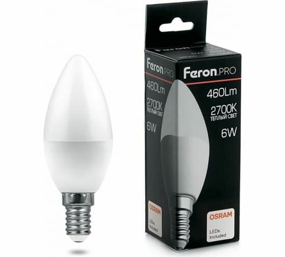 Светодиодная лампа FERON PRO LB-1306 Свеча E14 6W 2700K OSRAM LED 38044