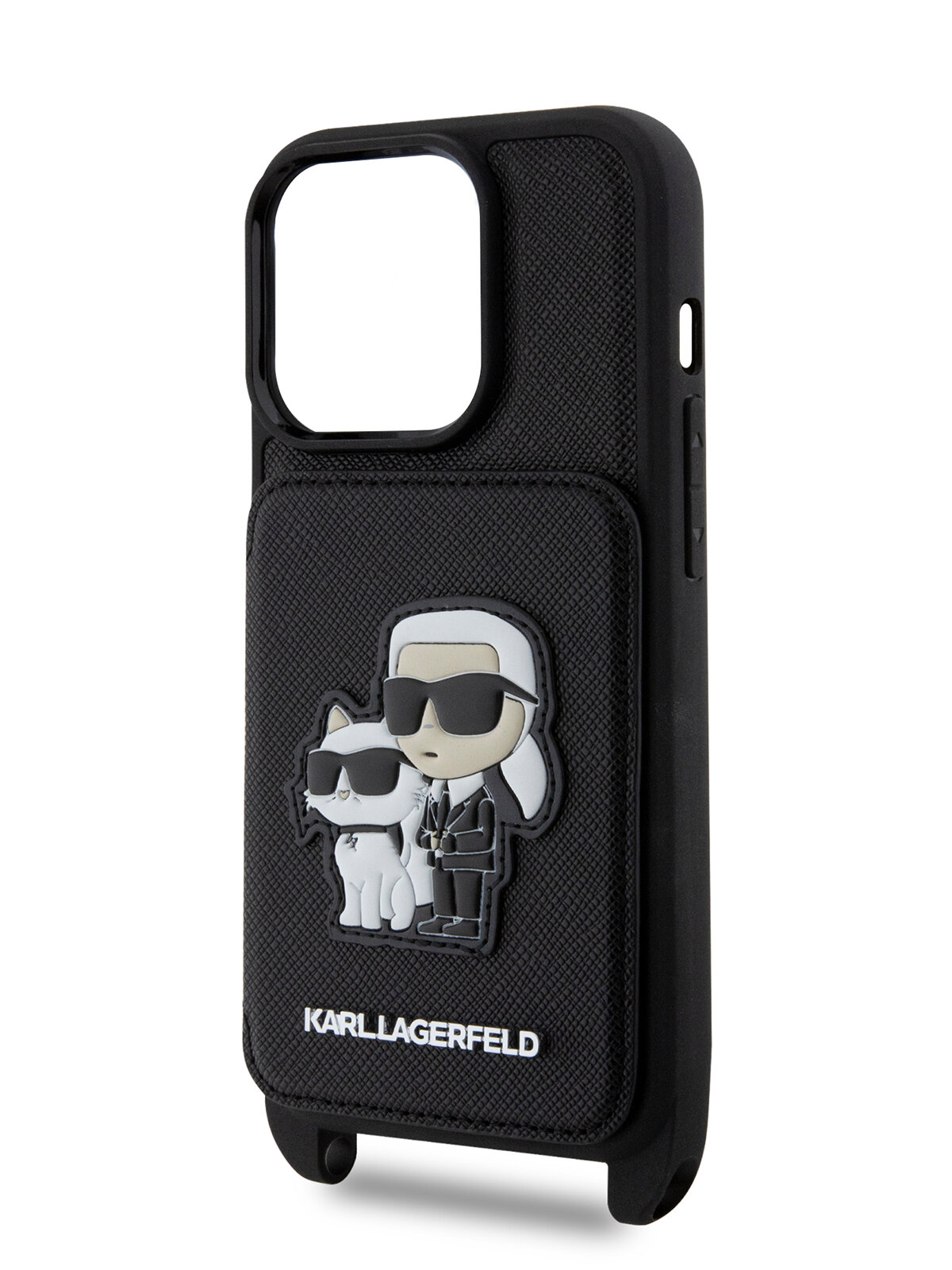 Lagerfeld для iPhone 15 Pro чехол Crossbody cardslot PU Saffiano NFT Karl&Choupette Hard Black