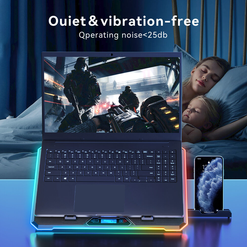 Регулируемая подставка для игровых ноутбуков, 6 вентиляторов, RGB LED подсветка, 10 углов наклона, держатель для смартфона, 2 USB , для экрана 13"-19" — фото 6