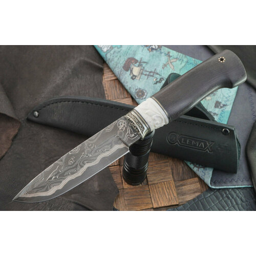 фото Нож lemax турист (ламинированный дамаск, мельхиор, резная кость, граб)