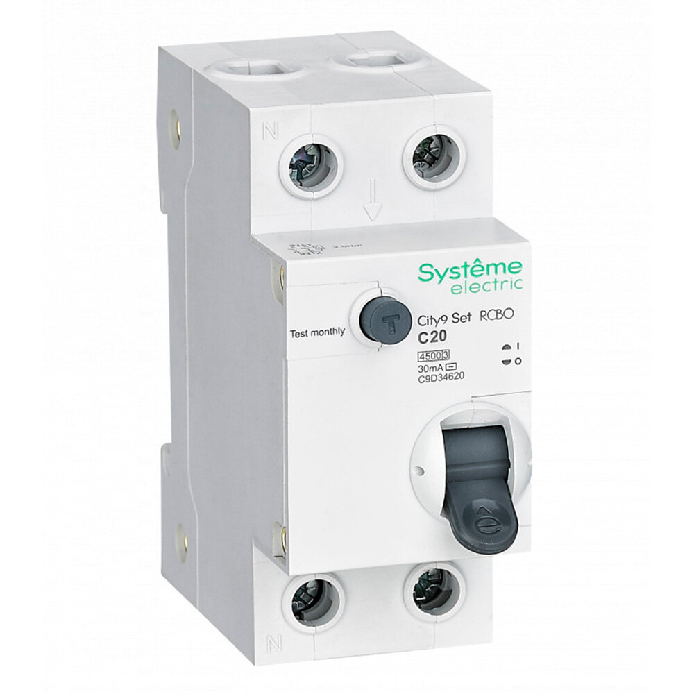 Автомат дифференциальный Systeme Electric City9 Set АВДТ 20А 30 мА 1P+N тип АС 45 кА (C9D34620)