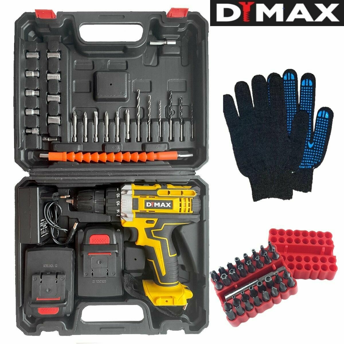 Шуруповерт аккумуляторный дрель DYMAX DMX 21FU-Li-ion в кейсе 2 АКБ + 58 аксессуаров, 2х1.5 Ач, 21 В, 42 Нм — фото 1