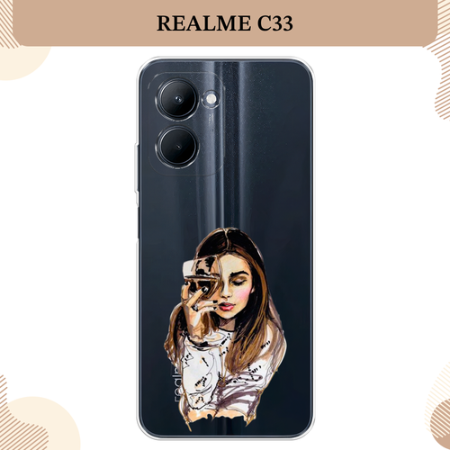 Силиконовый чехол Девушка с бокалом на Realme C33 / Реалми С33, прозрачный