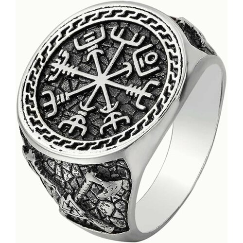 фото Славянский оберег, печатка кольцо печатка с гравировкой руны вегвизир компас викингов, славянские символы, норвеги, размер 19, бесцветный, серый reniva
