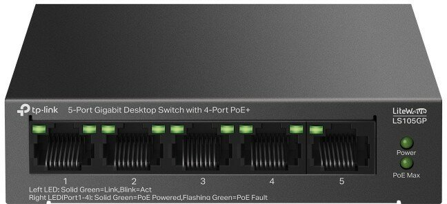 Настольный коммутатор TP-Link LS105GP с 5 гигабитными портами (4 порта PoE+)