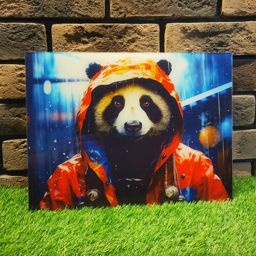 Картина на оргстекле "Панда в комбинезоне под дождем" Размер 40х30см