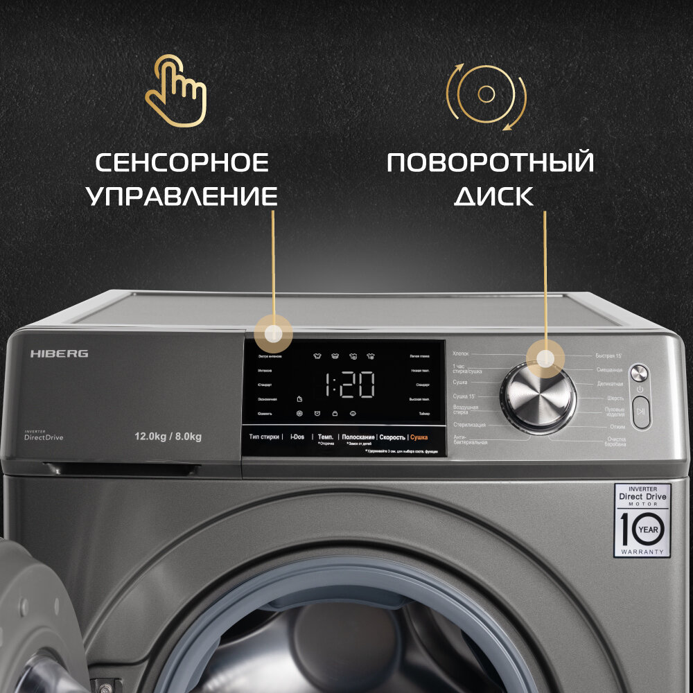 Стиральная машина с сушкой HIBERG i-DDQ6A - 12814 Sd, инвертор, прямой привод, 12 кг, темно-серый — фото 4